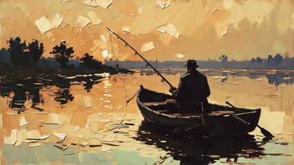 Obraz premium A fisherman casts his line in a small boat at sunset. He wears a hat and dark clothing.