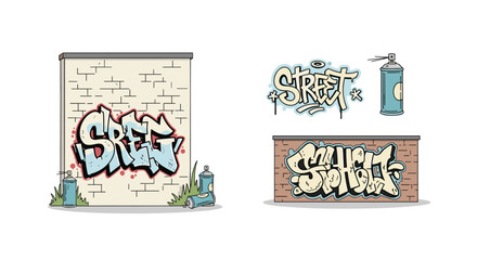 Fototapeta premium Graffiti art with spray paint cans and street art on brick walls