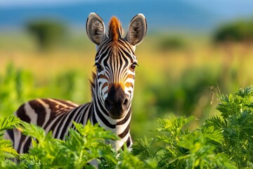 Fototapeta premium Happy Zebra in Lush Grassland Captured in Front Facing Shot in Nature