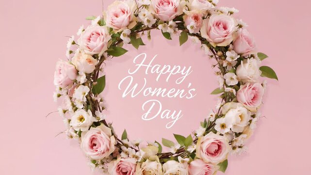 Floral wreath adorned with pink roses and white flowers on a soft pink background, featuring a greeting for Women's Day in elegant script font