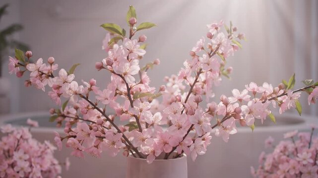 Pink cherry blossom branches in a white vase gradually reveal more flowers and buds, with soft sunlight illuminating the arrangement in a bright indoor setting