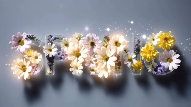 Word spring spelled with transparent letters filled with blooming daisies and lavender flowers with sparkles on gray background
