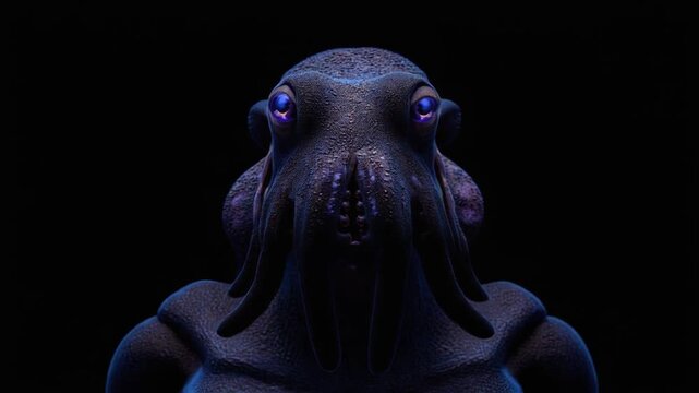 A close-up digital render of a cuttlefish with glowing purple eyes and textures, on black