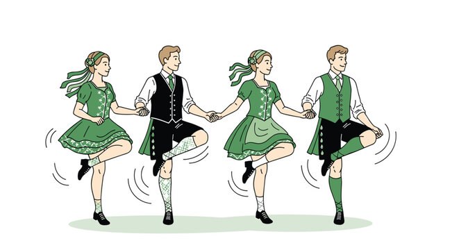 Traditional Irish dancers in green costumes performing a lively jig dance together