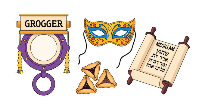 Purim holiday symbols: grogger, mask, hamantaschen, and megillah scroll