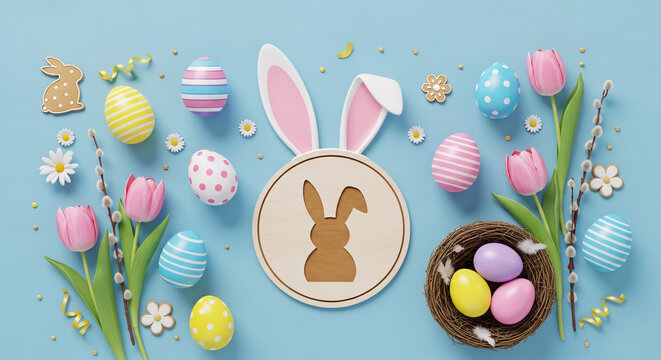 D&eacute;coration de P&acirc;ques avec &oelig;ufs color&eacute;s et lapin stylis&eacute; sur fond pastel, ambiance festive et printani&egrave;re.