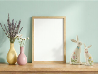 blank frame mockup on pastel green wall with ceramic vases and bunny figurines