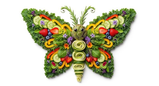 Butterfly made of fresh vegetables and fruits, healthy food concept