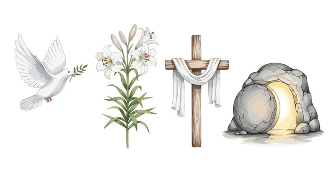 Easter symbols: dove with olive branch, lilies, cross with shroud, and empty tomb