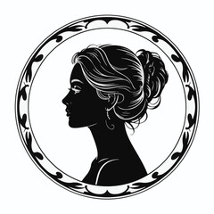 Elegant Woman Silhouette in Ornamental Circle Frame – Vintage Black and White Vector Illustration © HAPY