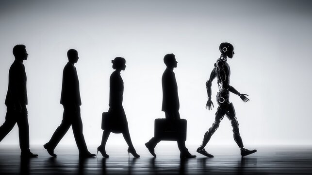 Robot replacing human workers silhouette with copy space, job displacement and automation impact on employment