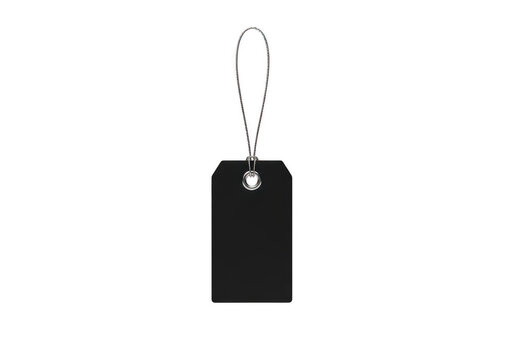 Black rectangular tag with a silver string attached to the top. isolated on transparent background