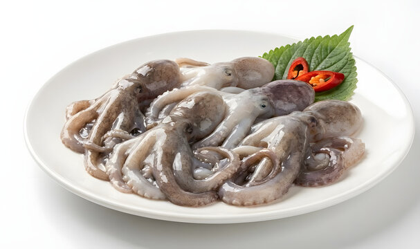 흰색 배경 접시 위에 담긴 신선한 생주꾸미와 깻잎 고명 (한국 제철 해산물 식재료)
(Fresh raw Webfoot octopus on a plate with perilla leaf garnish isolated on white background)