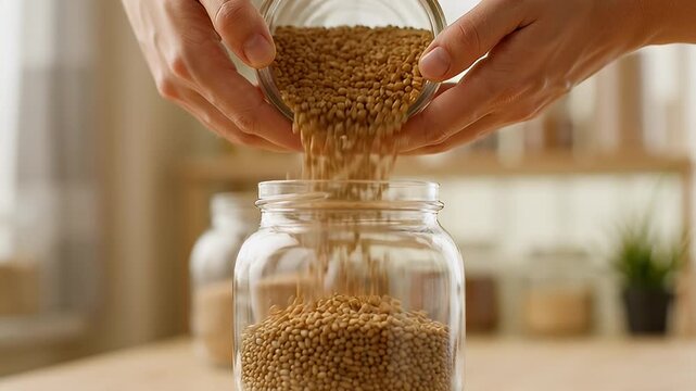 Hands Pouring Brown Grains from Glass Bowl into Glass Jar on Table