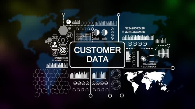 customer data Business, Technology, Internet and network concept. Young businessman shows the word on the virtual display of the future on world map background. 