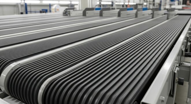 A large industrial conveyor belt system in a factory setting with multiple parallel belts