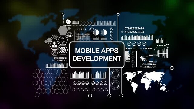 mobile apps development Business, Technology, Internet and network concept. Young businessman shows the word on the virtual display of the future on world map background. 
