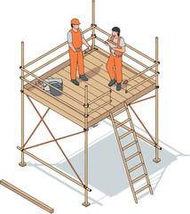 Construction safety illustration, workers on scaffolding, isometric design, awareness concept, protective gear, hazard prevention, occupational safety vector.