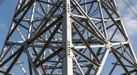 Closeup View of a Large Metal Electricity Pylon Structure Against a Blue Sky.