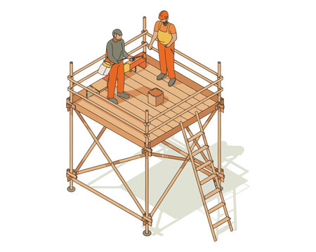 Construction safety awareness vector, isometric scaffolding scene, workers with helmets, fall protection, safety training, occupational hazard prevention illustration.