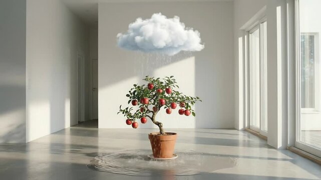 Surreal concept of a small fluffy cloud raining on a potted apple tree inside a minimalist room symbolizing localized food independence and home farming.