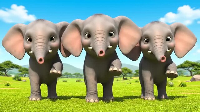 Three cute baby elephants marching in the field, cartoon style, 3D rendering, playful, happy, vibrant colors, animal concept, scenic outdoors.