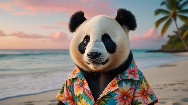 A panda in a Hawaiian shirt sitting on a tropical beach at sunset