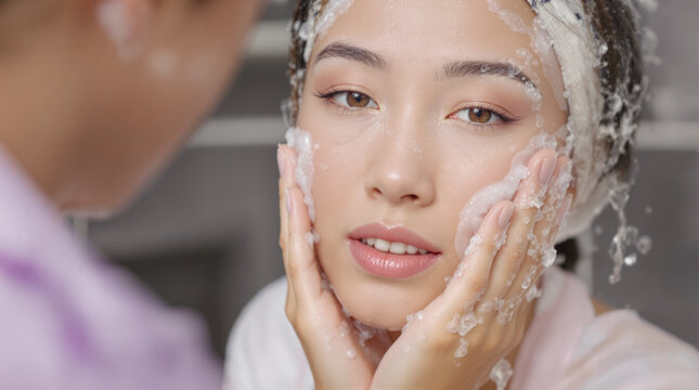 portrait of young woman washing her face