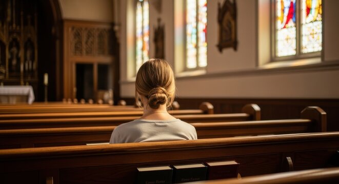 A woman sits alone in a church with stained glass windows and wooden pews.