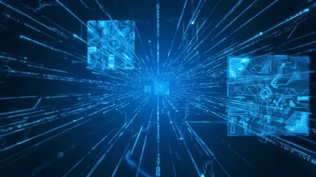 A striking blue abstract digital art piece with circuit board and data streams. It has a futuristic design
