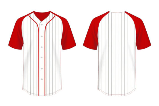 Red and white baseball jersey template with pinstripes and raglan sleeves