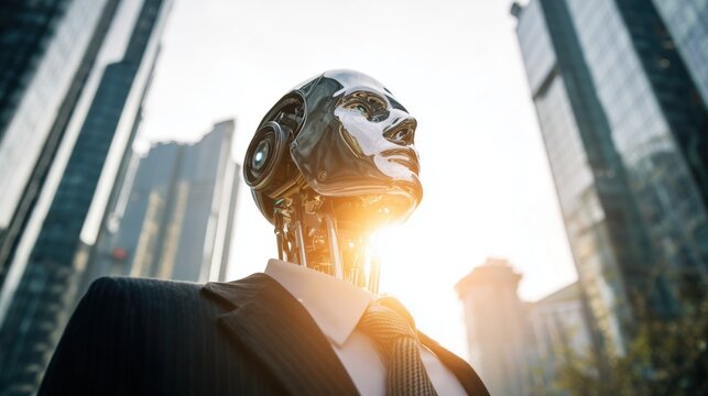 Humanoid robot businessman in futuristic cityscape
