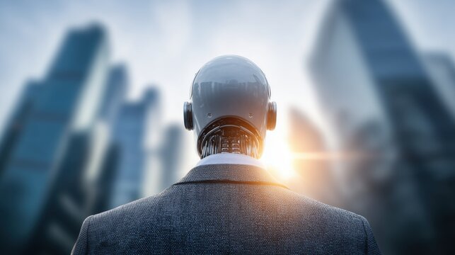 AGI humanoid robot in business district with futuristic city backdrop