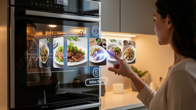 Woman browsing recipe options on commercial oven touchscreen