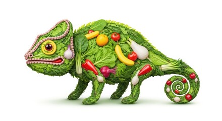 Fototapeta premium Creative chameleon made of fresh vegetables and fruits