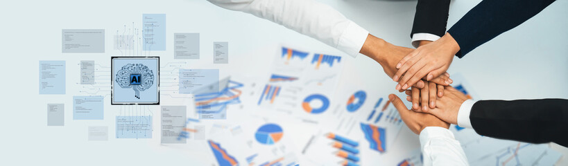 Obraz premium Diverse professionals work together, emphasizing teamwork and innovation in a modern workplace. Artificial intelligence and data analytics fuel business strategies for growth. Trope