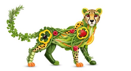Fototapeta premium Creative cheetah made of fresh vegetables and fruits