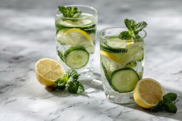 Fototapeta premium Refreshing Detox Water Made With Cucumber, Lemon, and Mint Served in Glasses on a Marble Surface During Daytime Generative AI