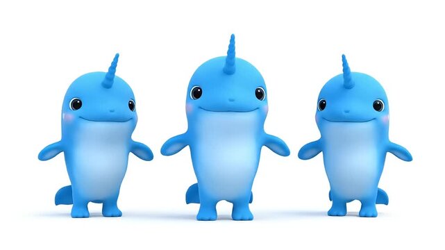 Cute narwhal trio standing, smiling; stylized digital rendering, soft lighting, vibrant, clean studio shot, playful, charming, whimsical, cheerful, adorable