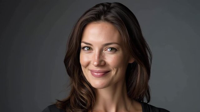 Flirty woman smiling with playful confident look on dark studio background