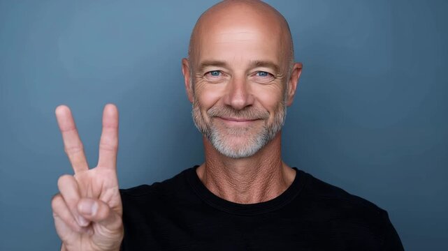 Smiling bald man showing V sign expressing victory and positivity on blue studio background