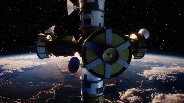 Rotating orbital data center over illuminated night city lights