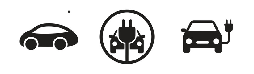 Fototapeta premium Electric car charging icon set, EV station, plug and socket, hybrid and green electric cars, vector symbols, stock illustration collection.