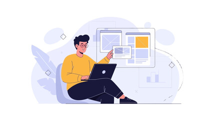 Fototapeta premium Man working on laptop, designing website interface, flat illustration style