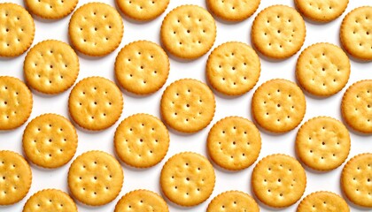 Obraz premium Neatly arranged golden round crackers on a clean white background, creating a textured food pattern from overhead
