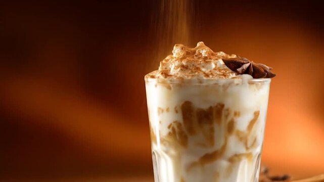 A creamy latte with cinnamon and star anise garnish on a wooden table