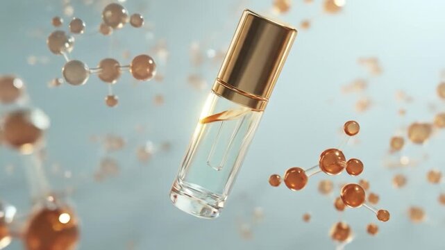 A clear perfume bottle floats with gold cap and molecules around it in air.