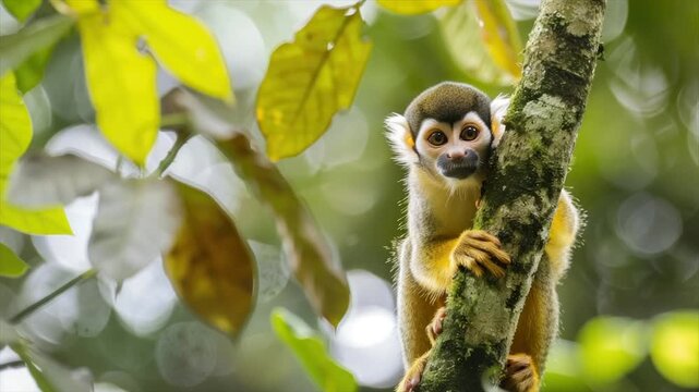 A small monkey with striking markings clings to a moss-covered tree branch in a green rainforest
