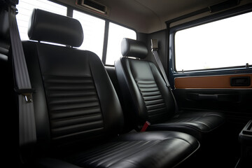 Interior of a vehicle with two black leather seats