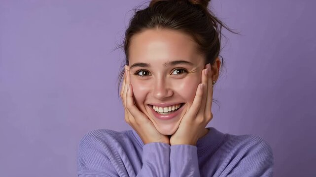 Delighted woman holding cheeks and smiling after hearing compliment on purple studio background